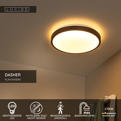 Lucide DASHER - Plafonnière Badkamer - Ø 41 cm - LED - 1x24W 2700K - IP44 - Bewegingssensor - Zwart